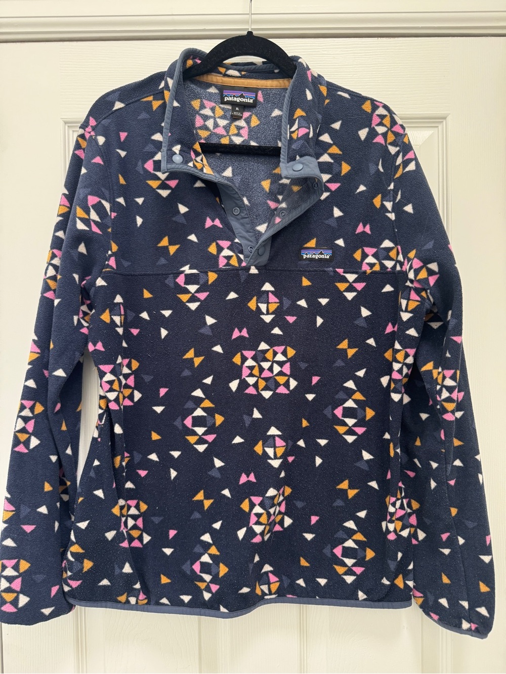 Patagonia Navy Fleece Pullover with Pink, White & Gold Geometric Print